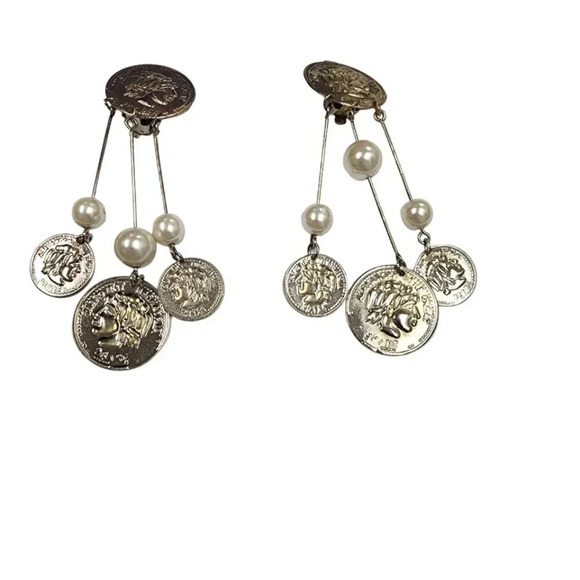 Vintage 60s-70s Coins Faux Beaded Pearl Dangle Drop Clip on Earrings Silver Tone - Picture 1 of 4